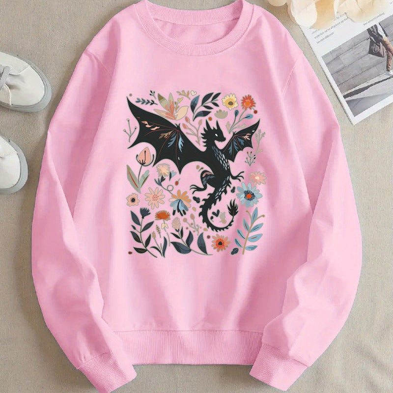Kvinders sweatshirts med detaljeret drage- og blomstermotiv Stilla