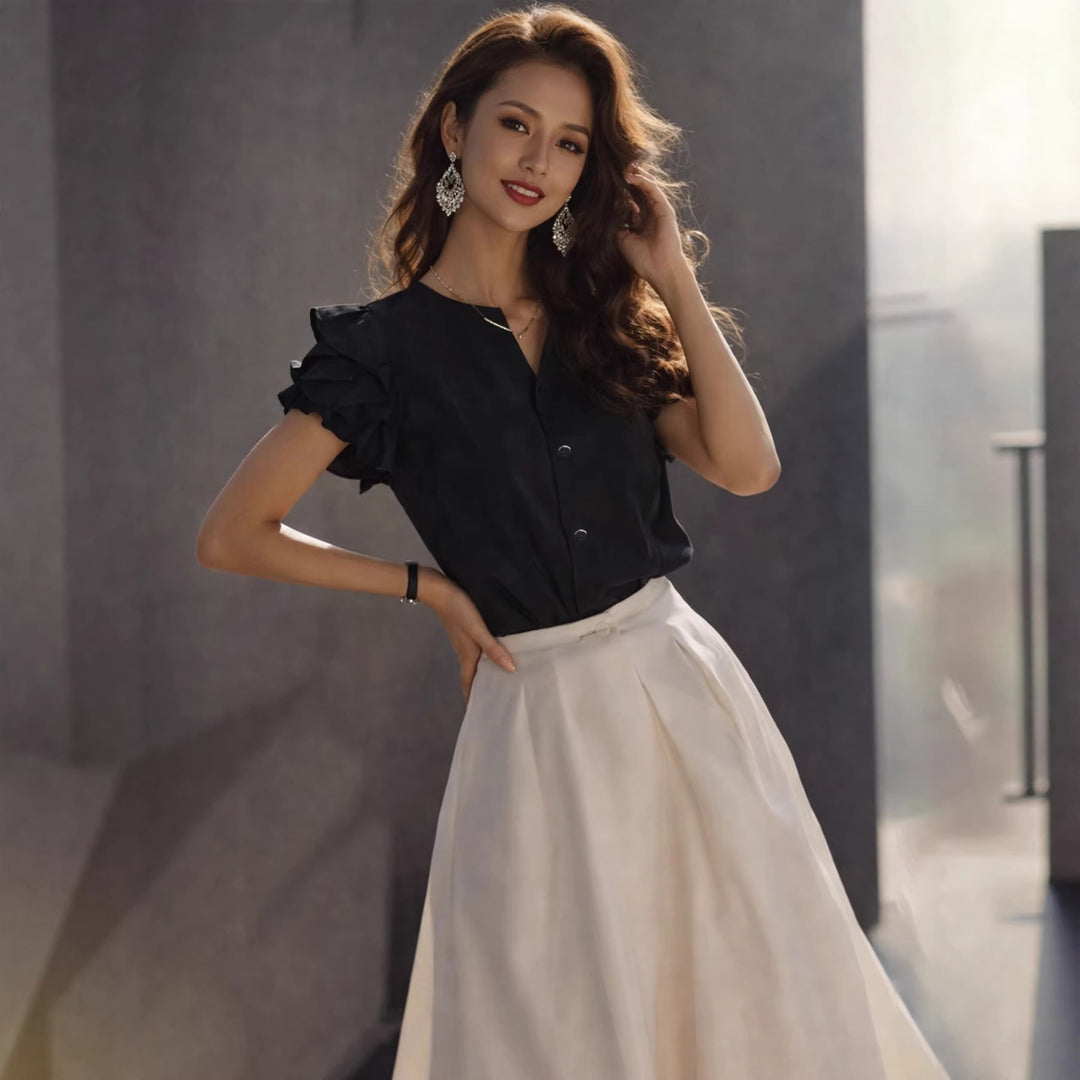Dame Elegant Bluse med flæsedetaljer i simpelt design Skovae