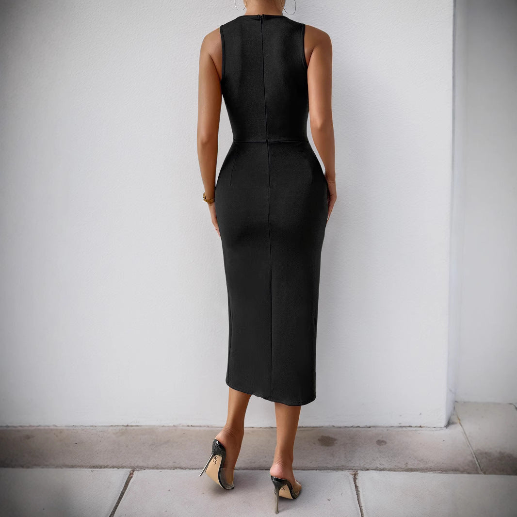 Femme Elegante Spids-Detail Midi Kjole med side Slids Stilla