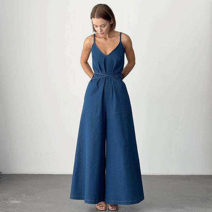 Dame Bredskåret Jumpsuit med V-udskæring og Taljebælte Stilla