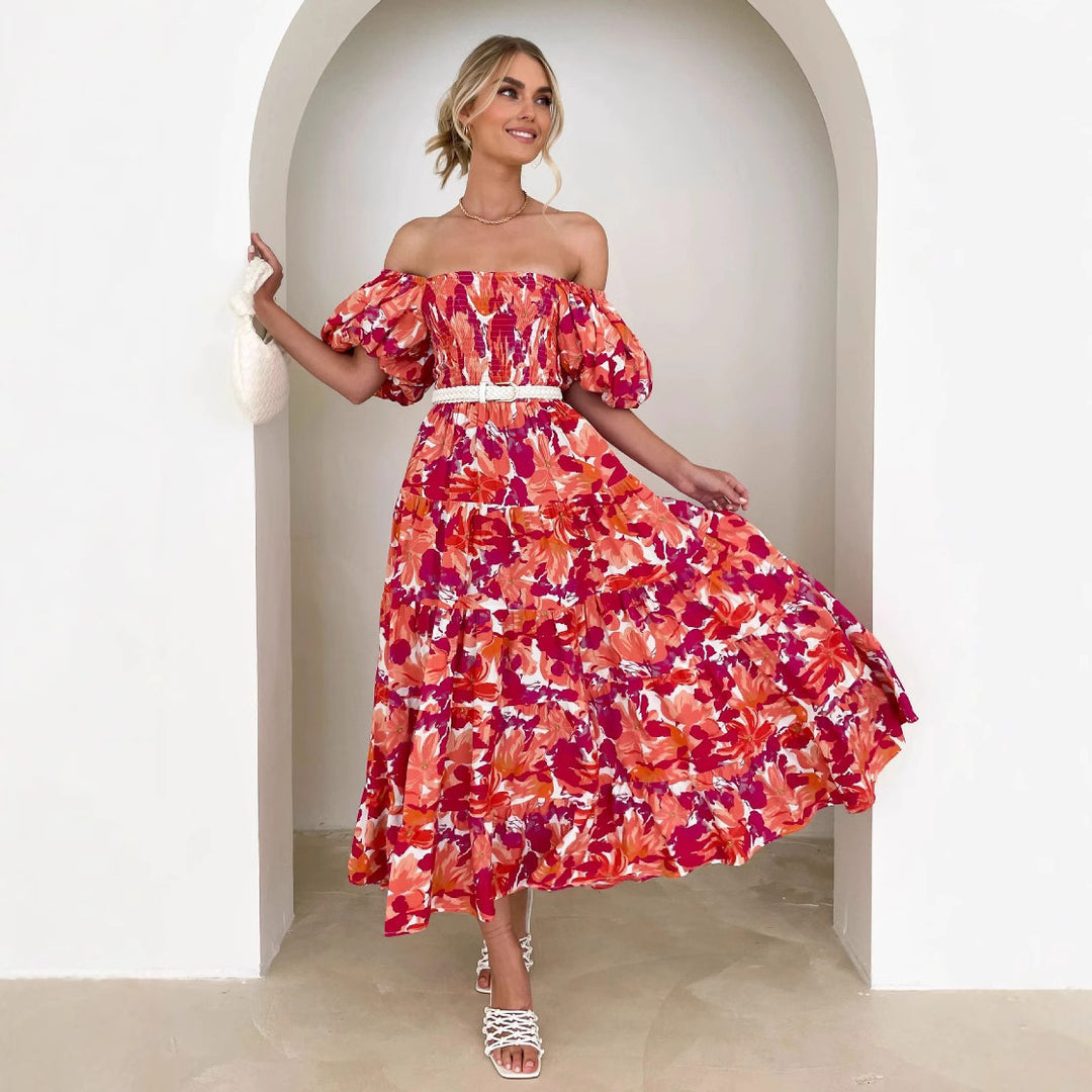 Dame Off-Shoulder Maxikjole med voluminøse puffærmer og blomstermønster Stilla