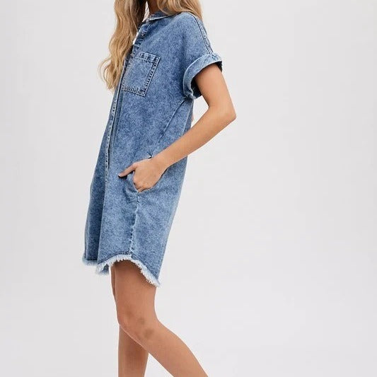 Dame Denim Skjortekjole med afslappet snit og praktiske lommer Stilla