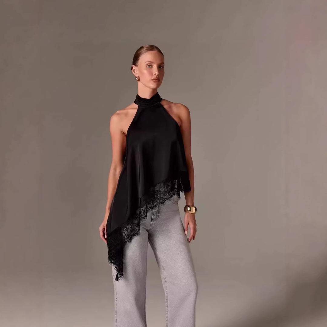 Damer luftig chiffon-top med elegant spidsudsmykning Skovae