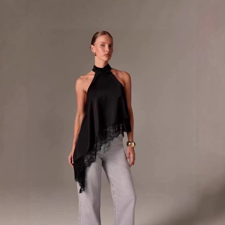 Damer luftig chiffon-top med elegant spidsudsmykning Skovae