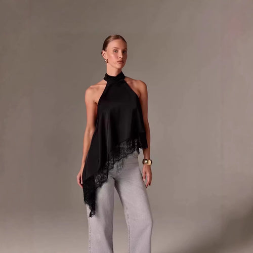 Damer luftig chiffon-top med elegant spidsudsmykning Skovae