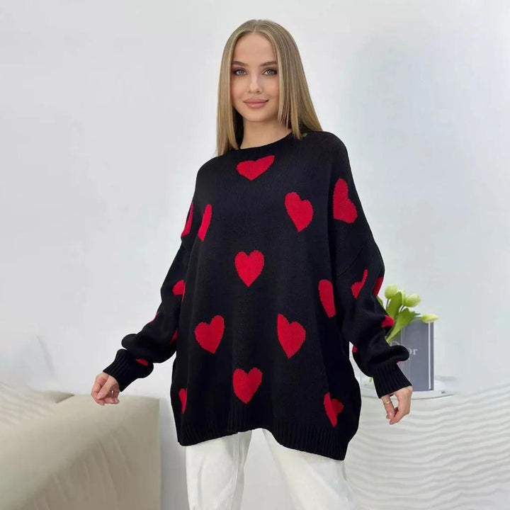 Dame grovstrik pullover med hjerte motiv og dropped shoulders Stilla