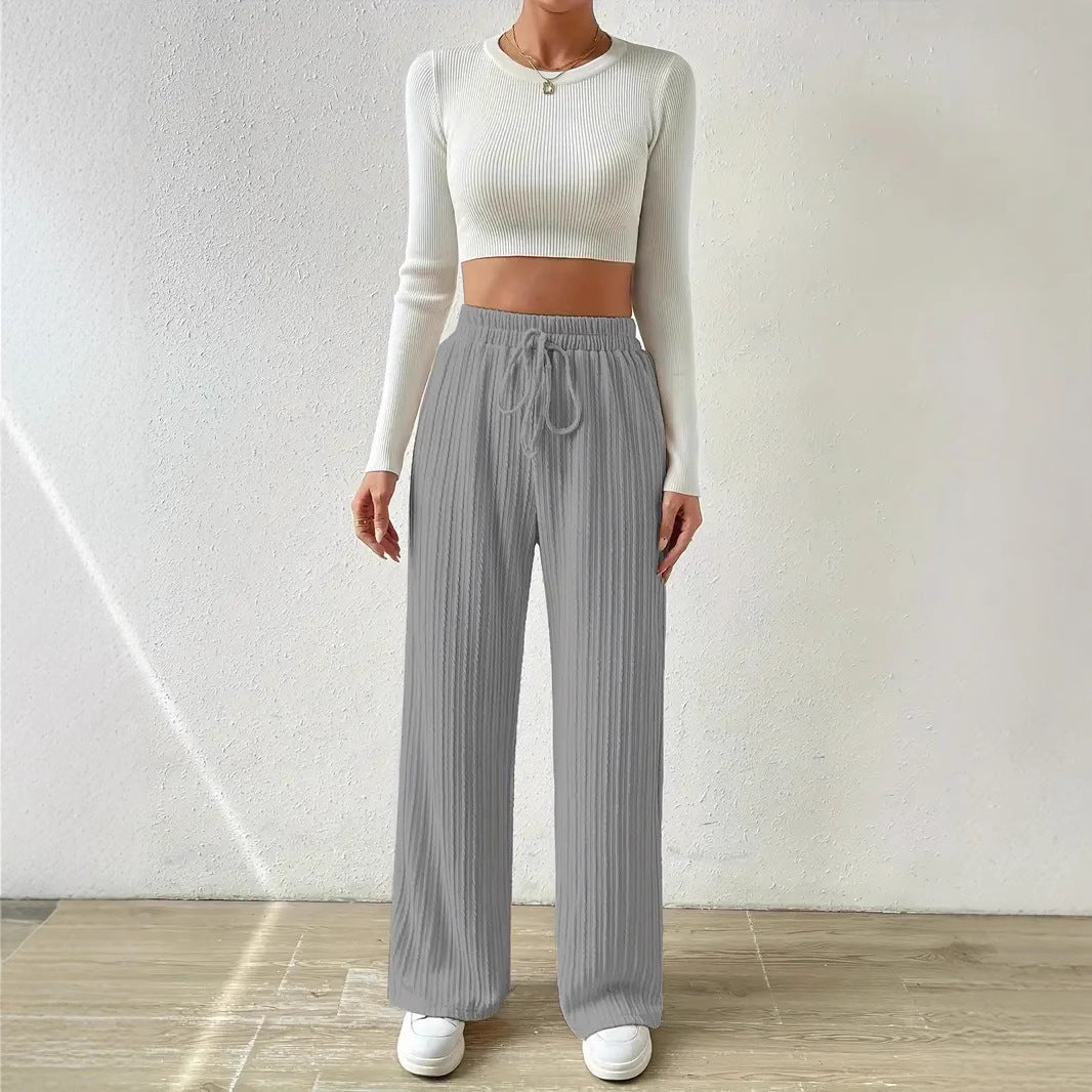 Dame hyggelige strikkepalazzo-bukser i elegant ribdesignet med elastisk talje Stilla