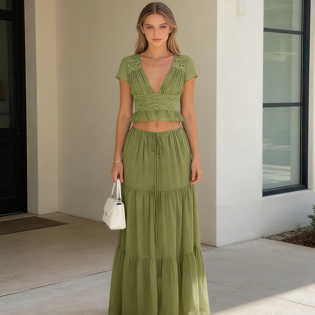 Dame Casual Maxi Kjole med elegant rynkning og cropped top Skovae