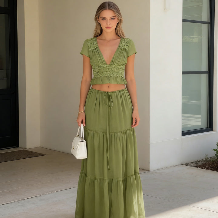 Dame Casual Maxi Kjole med elegant rynkning og cropped top Skovae