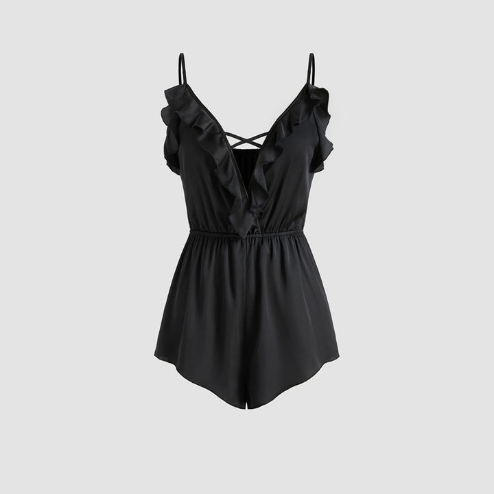 Dame jumpsuit med flæser og dyb V-hals Stilla