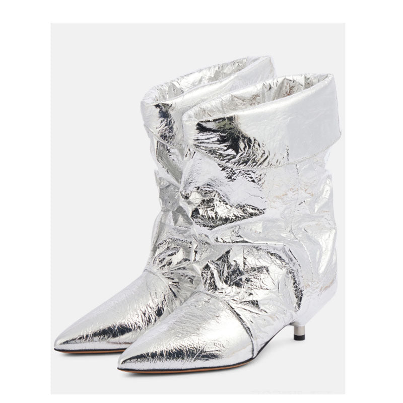Femme Skulptural Spids-Tå Metallic Stiletto Støvler Stilla