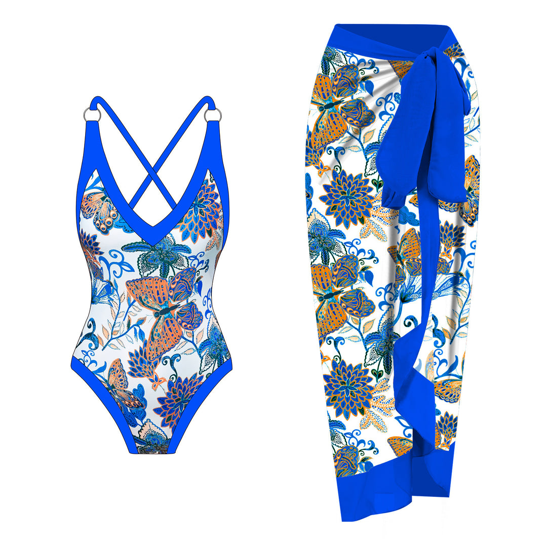 Dame badedragt-sæt med blomster-cut-out-design og elegant indpakningsskørt Stilla