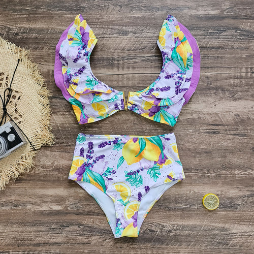 Dame bikini sæt med florale flæse detaljerne og højt skåret bund Stilla