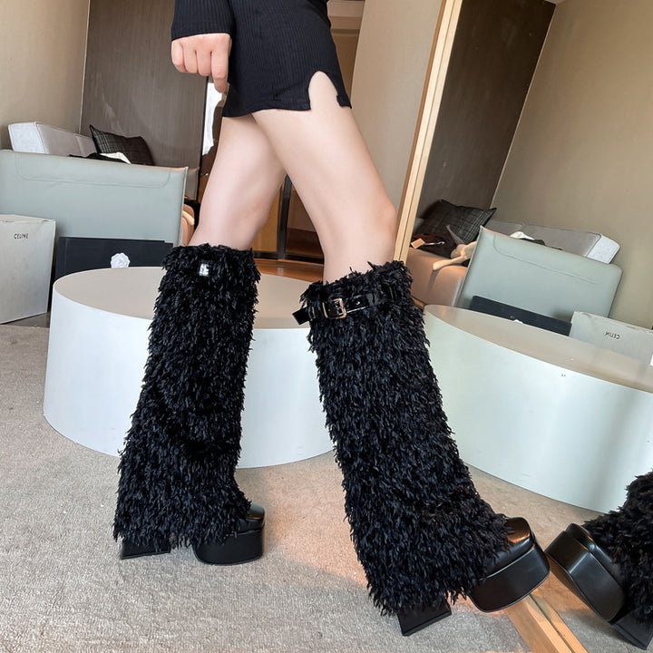 Femme Chunky Platform Over-Knee Støvler med Kunstpels Tekstur Design Stilla