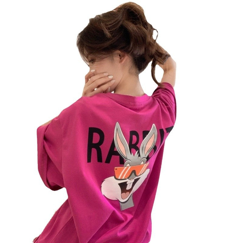 Dame T-shirt med stort bunny-motiv og stilettrykt Stilla