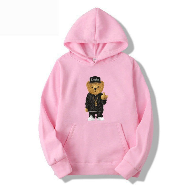Kvinders hoodie med kunstnerisk bjørnedesign og kængurulomme Skovae