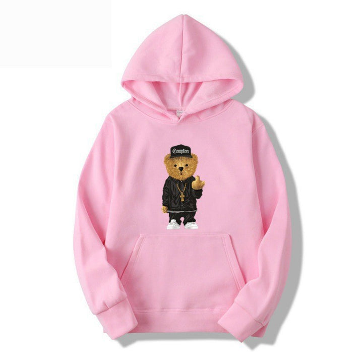 Kvinders hoodie med kunstnerisk bjørnedesign og kængurulomme Skovae