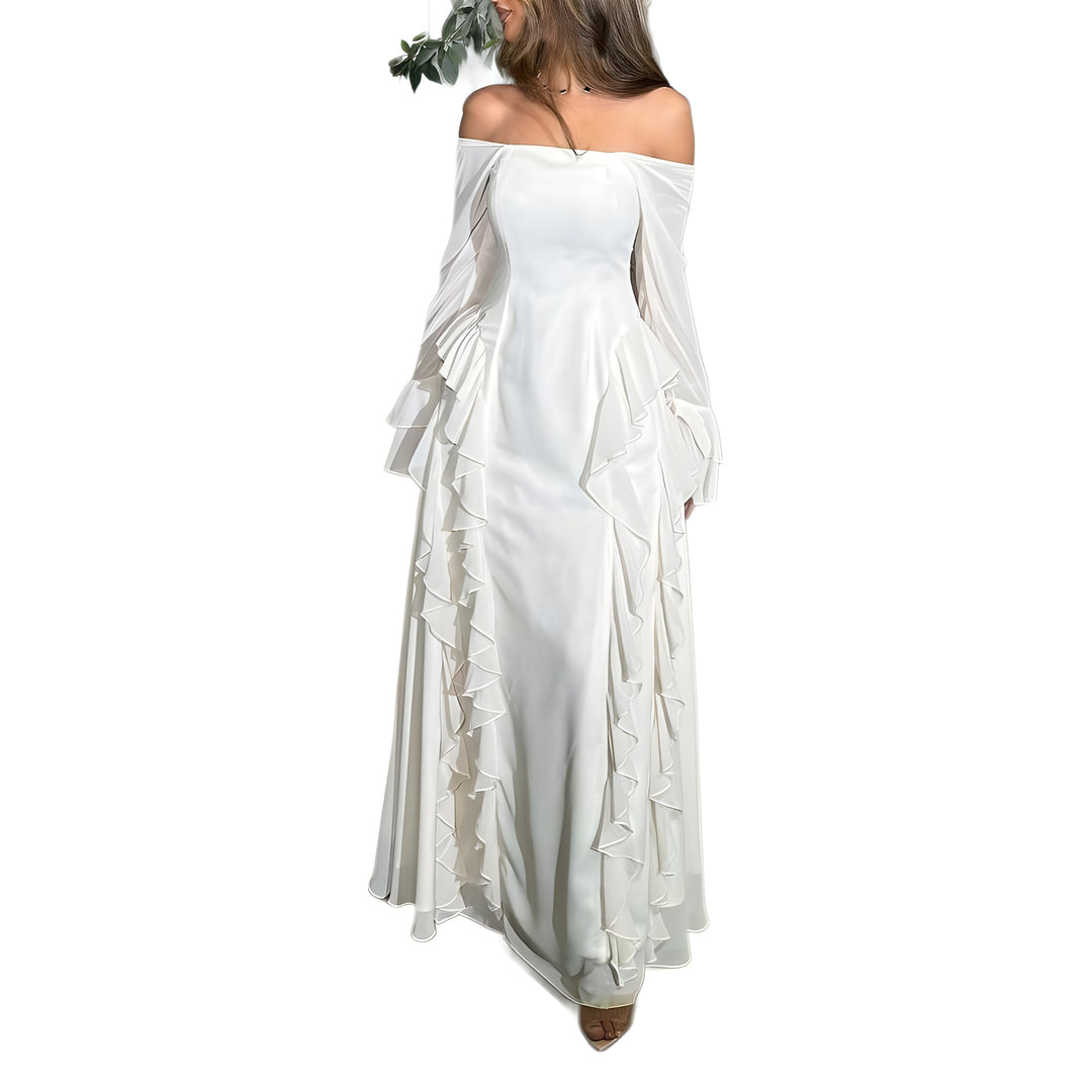 Kvinders elegante maxikjole med off-shoulder ærmer og flæse detaljer Skovae