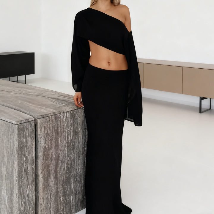 Damer Elegant Maxi-Kjole med asymmetrisk snit og lang arm Skovae