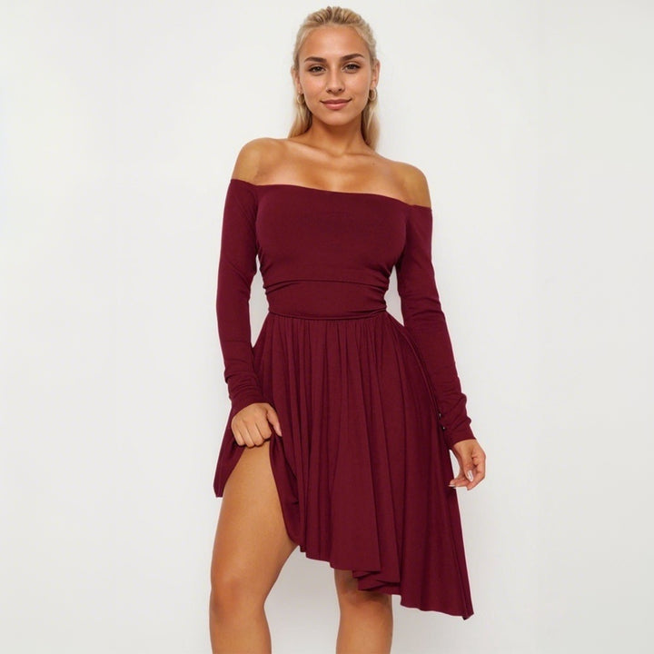 Damer Off-Shoulder Midi Kjole med Asymmetrisk Kant og Lange Ærmer Stilla