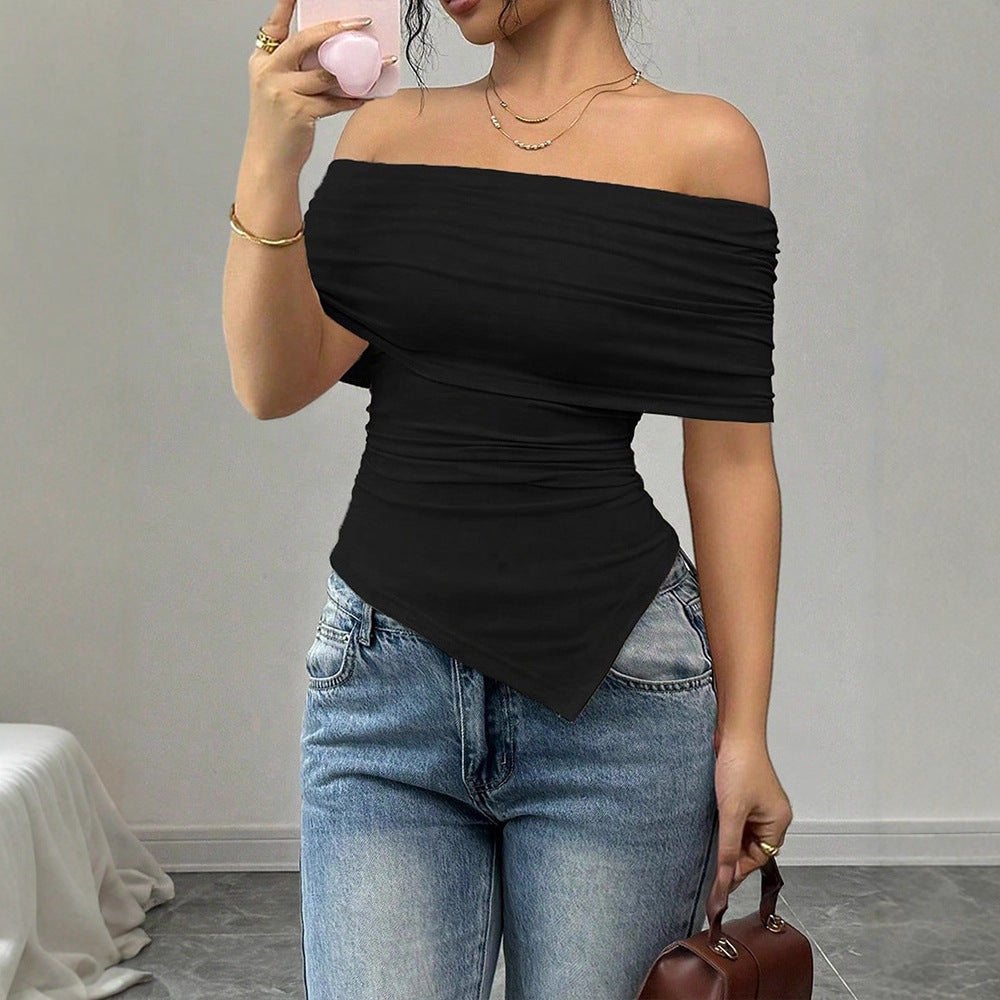 Dame Off-Shoulder Blusenshirt med asymmetrisk søm og rynk Skovae