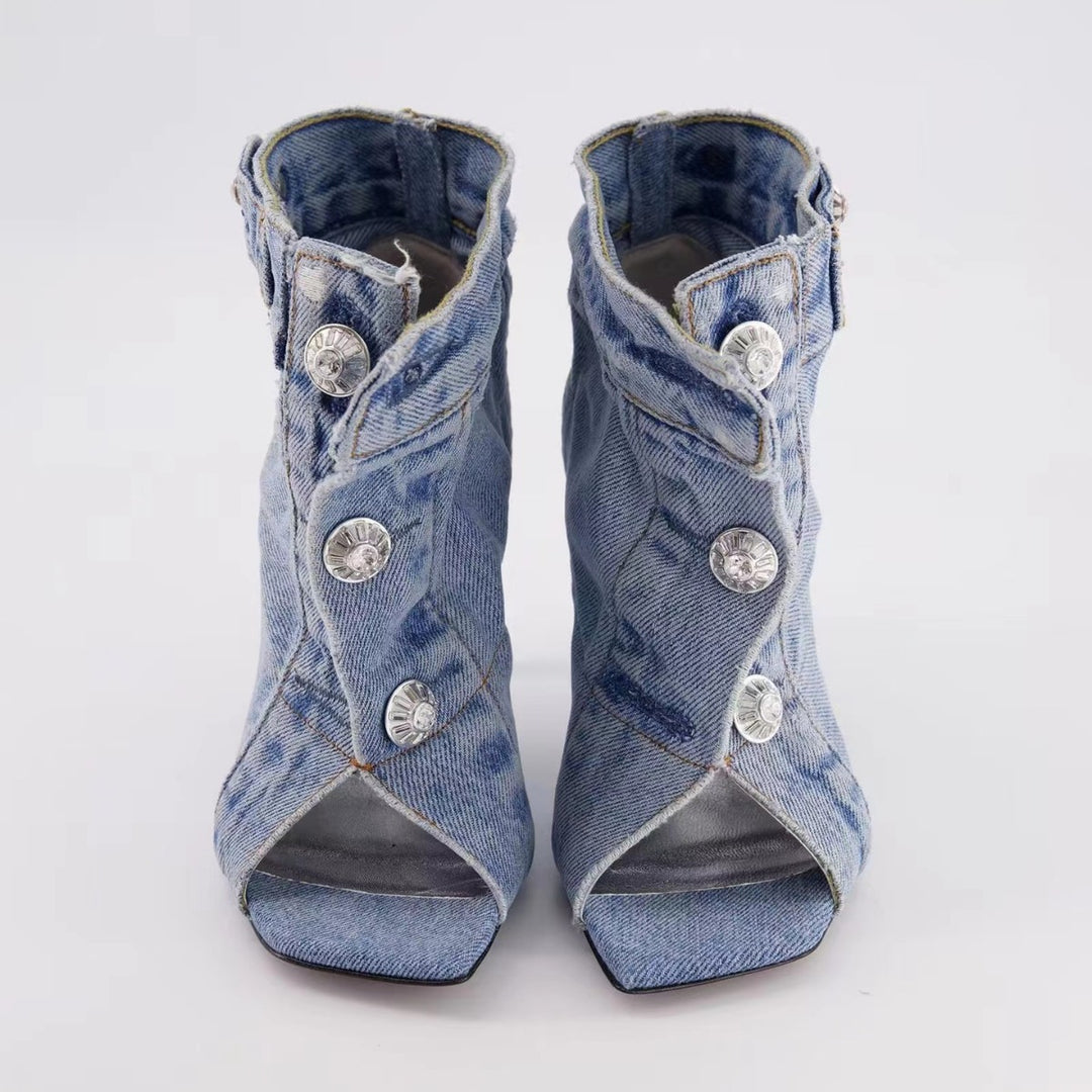 Femme Open-Toe Højhælede Denim Støvletter Stilla