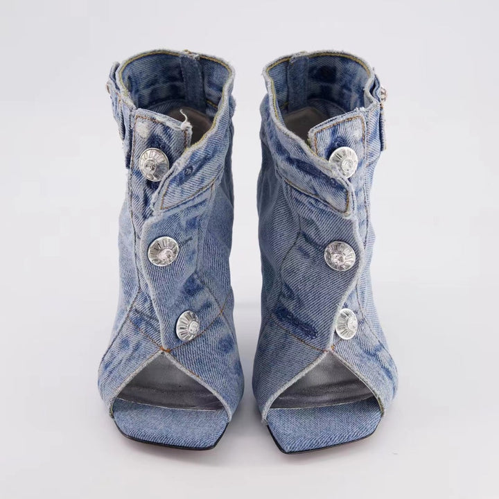 Femme Open-Toe Højhælede Denim Støvletter Stilla