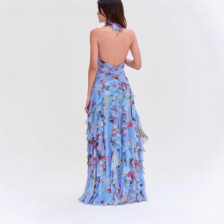 Femme Maxikjole med voluminøse flæser og blomsterprint Stilla