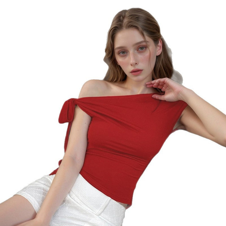 Dame Off-Shoulder Top med afslappet snit og dekorativ knude Skovae
