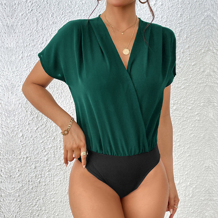 Dame elegant V-udskærings-bluse med korte ærmer Stilla