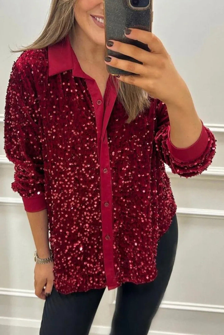 Dame glamourøs pailletbluse med klassisk krave og lange ærmer Stilla