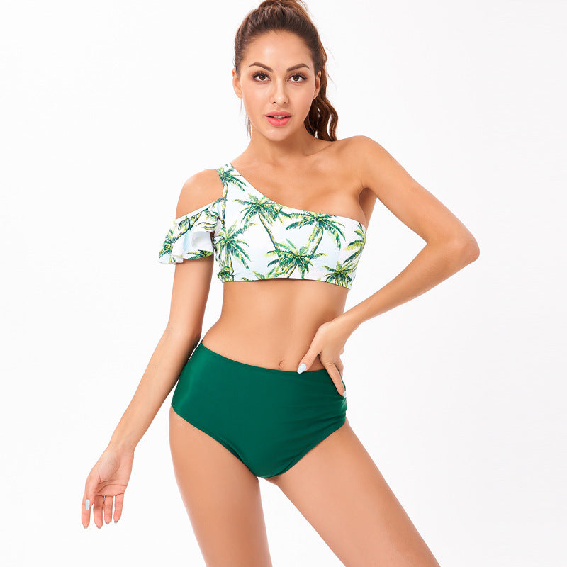 Dame En-sidet bikini med blomstret design og høj taljeskæring Skovae
