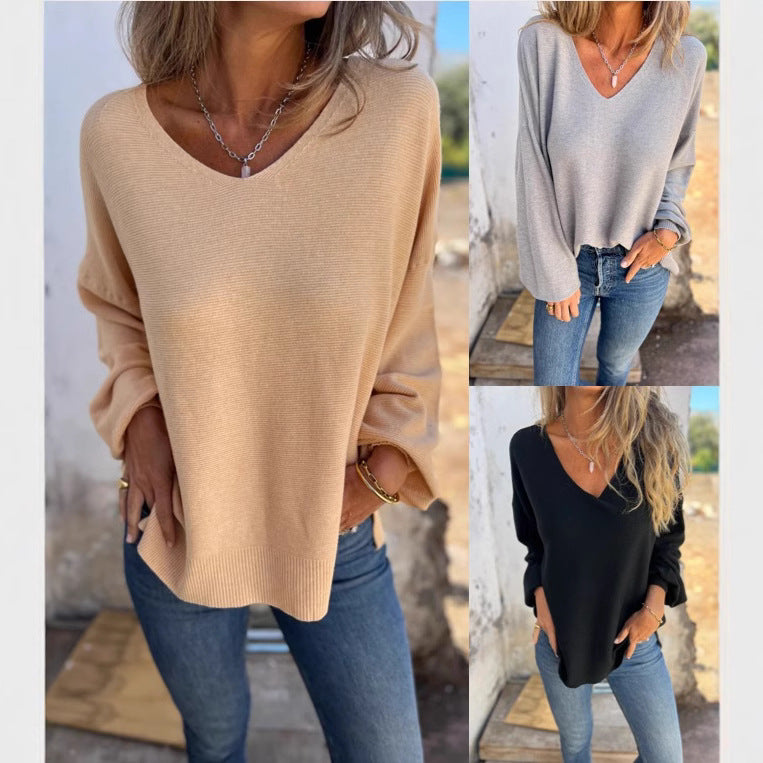 Dame afslappet sweater med dyb V-hals og lange ærmer Stilla