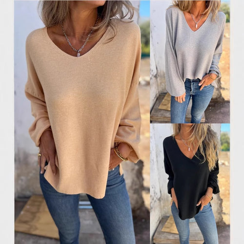 Dame afslappet sweater med dyb V-hals og lange ærmer Stilla