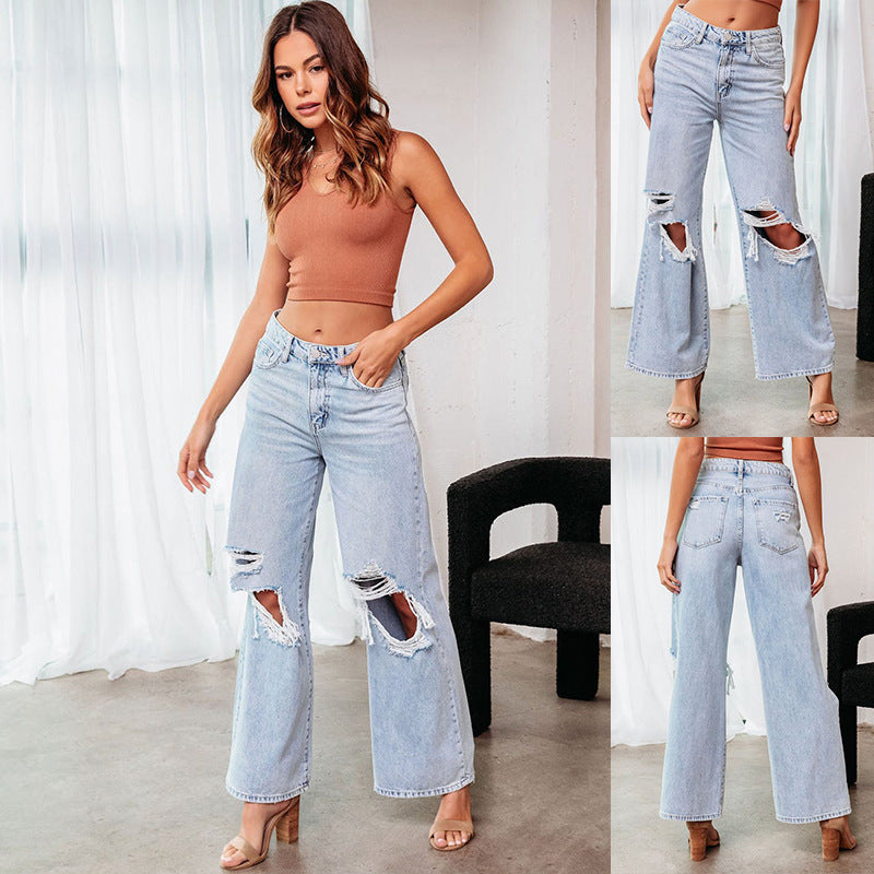 Dame brede jeans med iøjnefaldende huller og trendy design Stilla