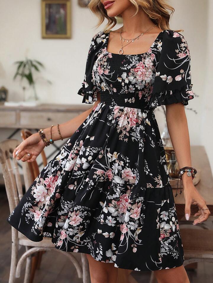 Dame Blomster Smocked Lagkjole Stilla