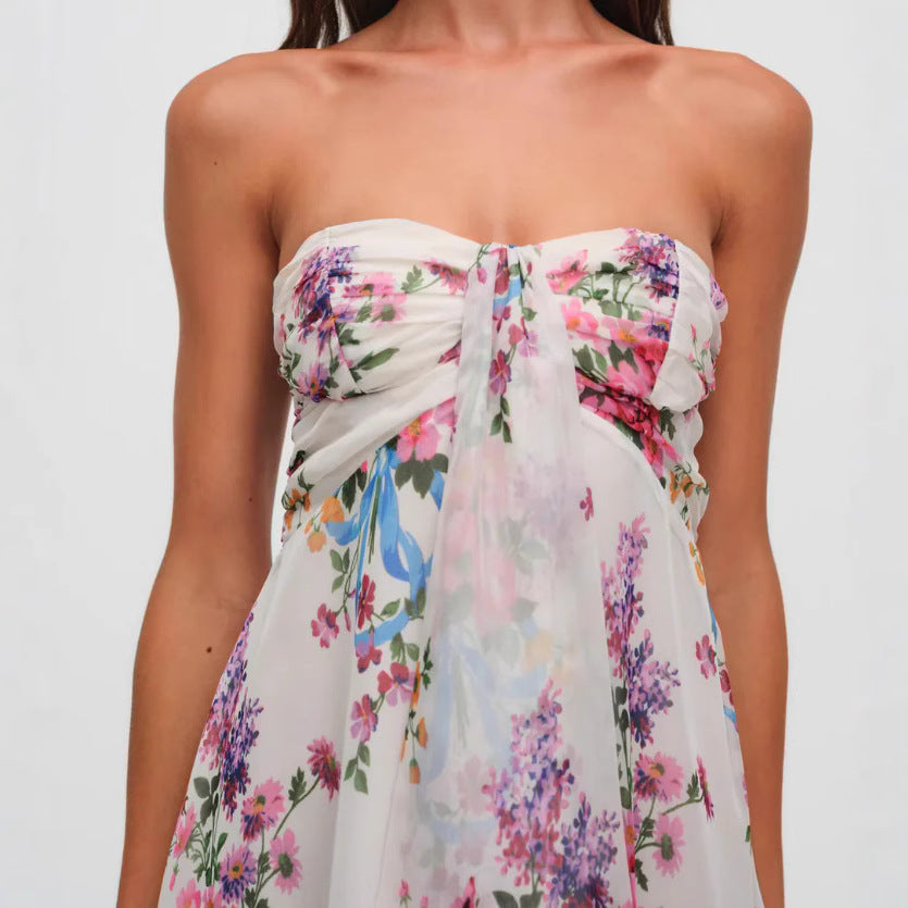 Dame uden stropper chiffon sommerkjole med blomsterdesign bandeau-top og flæsebesætning Skovae