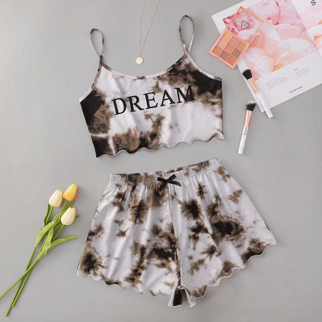 Dame fritids-crop-top og shorts-sæt med moderne tie-dye-mønster Stilla