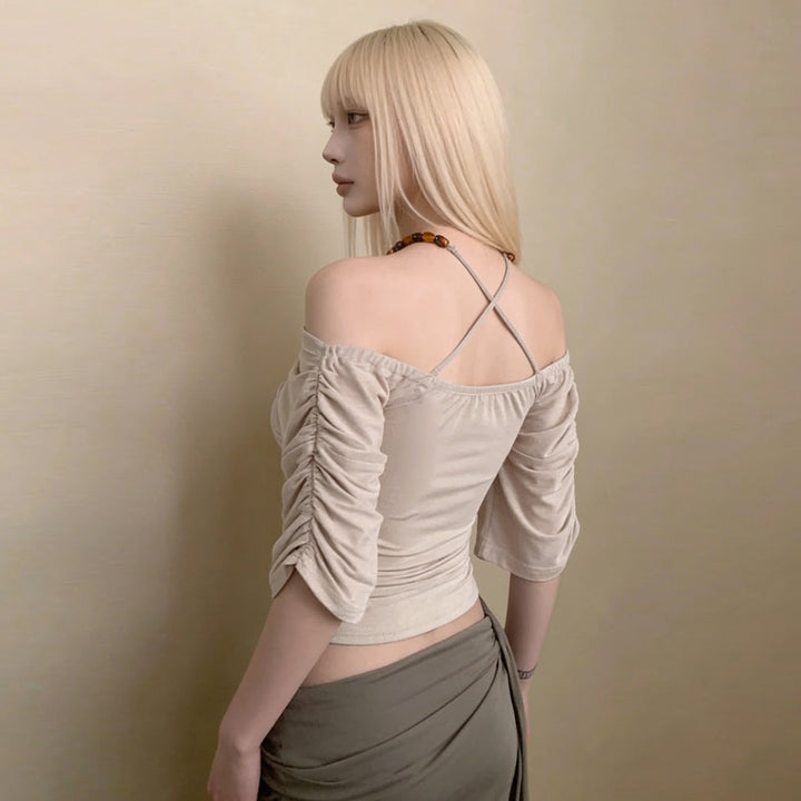 Dame Off-Shoulder Top med voluminøse ærmer og dekorativ knude Skovae