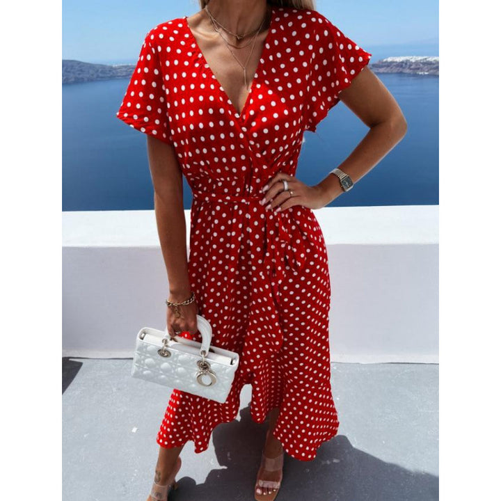 Dame Polka Dot Wrapping-Midi-Kjole med Bindebælte Stilla