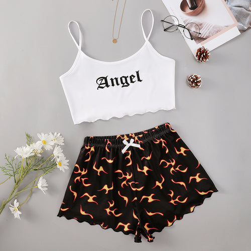 Dame cropped top og shorts sæt med kreativ flammemønster Stilla