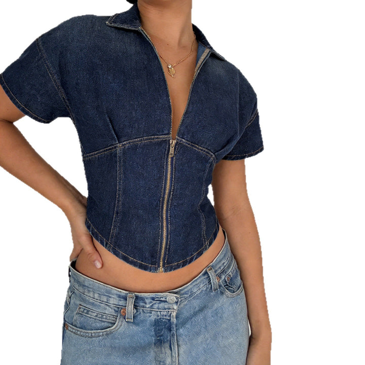 Dame Kortærmet Denim-Jakke med delt lynlås og moderne snit Skovae