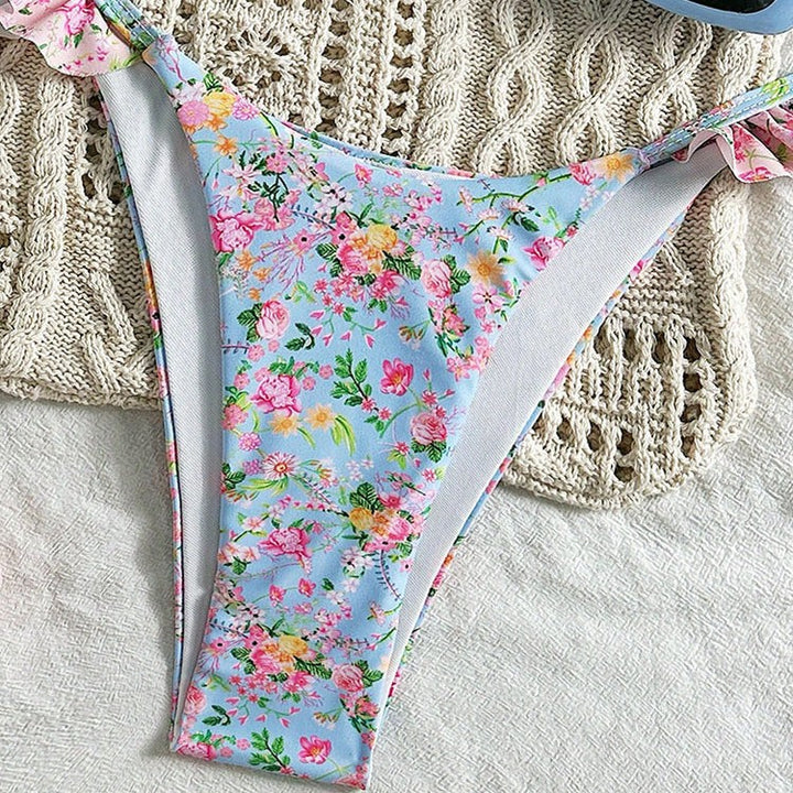 Dame trekants-bikini-sæt med florale volanger og justerbare stropper Skovae