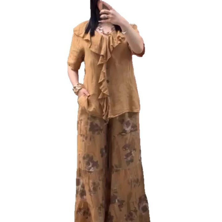 Dame let linned bluse med flæser og blomstrede palazzo bukser Stiila