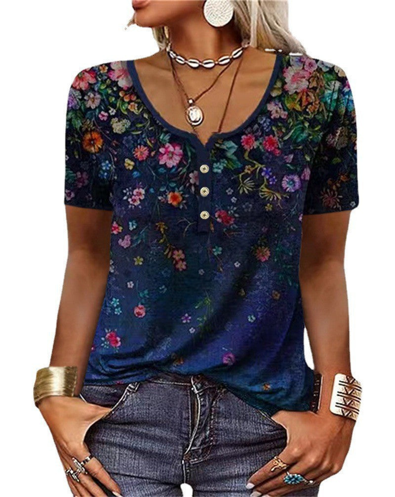 Dame Chic Henley-inspireret Grafik T-shirt Stilla