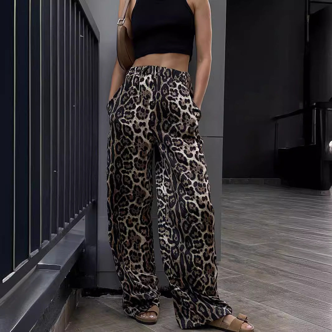 Dame bred linbukser med leopardmønster og elastisk talje Stilla