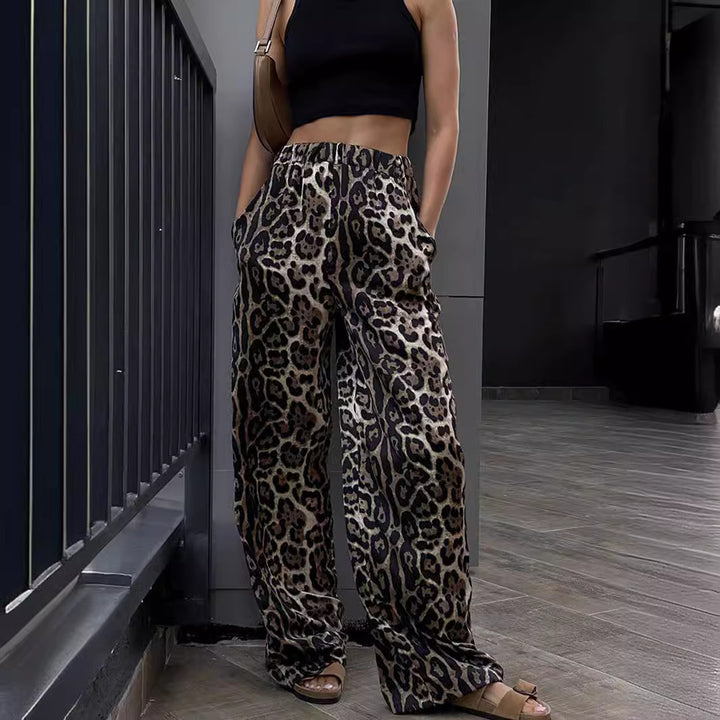 Dame bred linbukser med leopardmønster og elastisk talje Stilla
