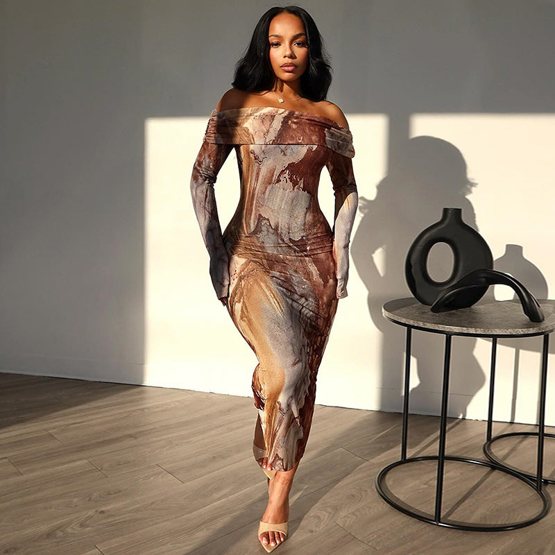 Frau Off-Shoulder Bodycon Midi Kjole med abstrakt Marmorprint Stilla