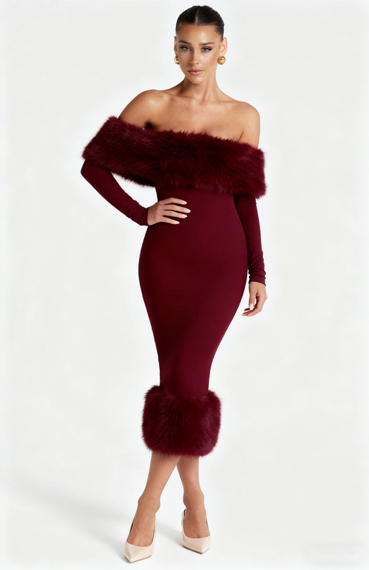 Kvinders Bodycon Kjole med Aftagelige Faux Fur Detaljer