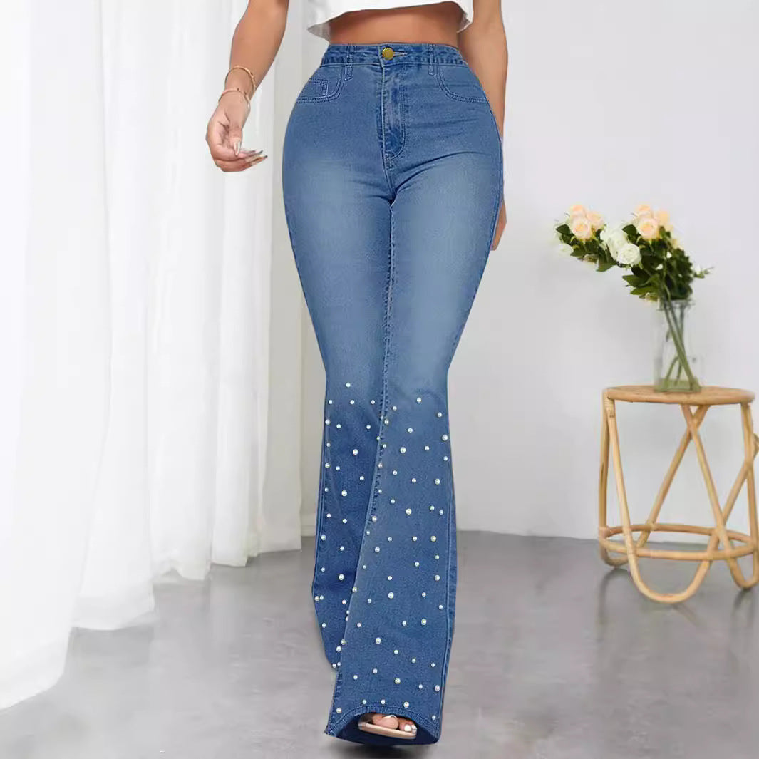 Dame Bootcut Jeans med perlebesatte dekorationer Stilla